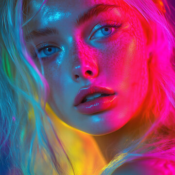 Hyperrealistic Photography Beatful Blonde Grl Neon Woman