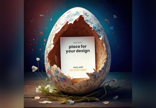 Page Poster Inside Easter Decorative Egg with Flowers Surprise Mockup