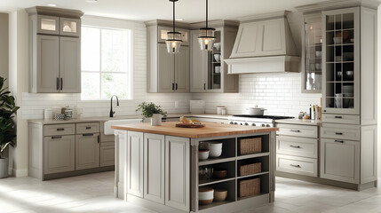 Fototapeta premium Modern Kitchen Design: Grey Cabinets, White Subway Tiles, and a Stunning Island