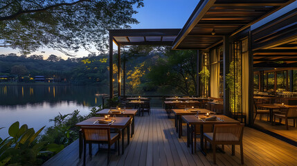 Fototapeta premium Lakefront Restaurant: Exquisite Dining with Scenic Views