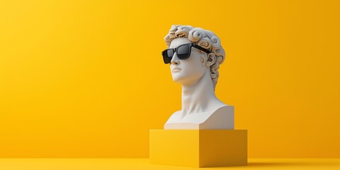 Classical marble bust wearing stylish sunglasses against a vibrant yellow background, creating a blend of tradition and modernity