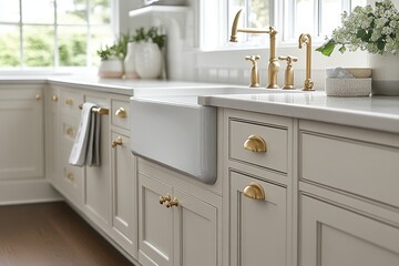 Fototapeta premium Elegant kitchen with farmhouse sink and gold hardware. Showcase classic kitchen design and high-end fixtures.
