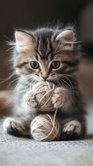Adorable Fluffy Kitten Playing with Ball of Yarn on Cozy Surface
