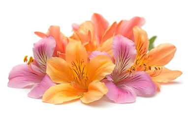 Fototapeta premium Close-up of a cluster of vibrant orange and pink alstroemeria flowers isolated on a white background.