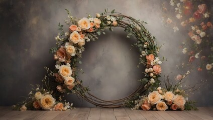 Wedding backdrop, photography background with a flower hoop with beautiful flowers on vintage wall