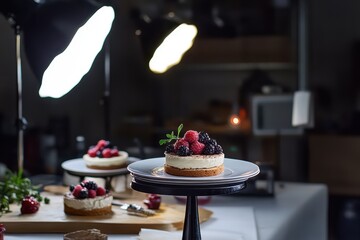 Naklejka premium Professional food photography of plated desserts with fresh berries and whipped cream garnished for studio lighting session