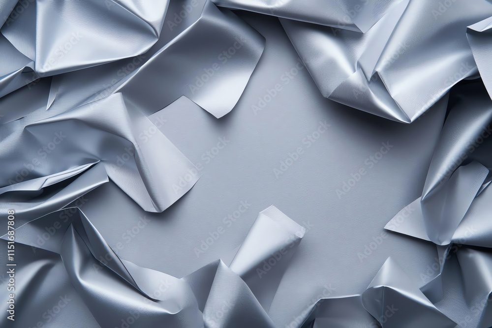 Poster abstract composition with crumpled silver fabric creating a textured, layered border against a smoot