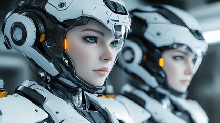 Futuristic Female Cyborgs with Advanced Tactical Gear High-Tech Helmets, 3D Rendered Illustration