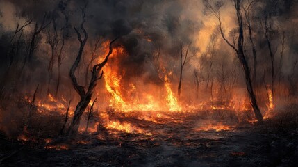 Intense forest fire engulfing trees with thick smoke and glowing flames in a scorched woodland environment