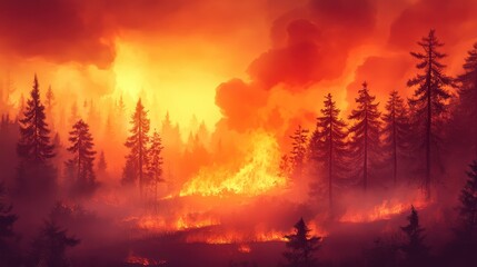 Fototapeta premium Dramatic forest fire with towering flames and dense smoke under a vibrant orange sky