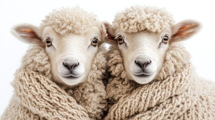 Two fluffy sheep snuggled in warm knitted scarves against white background.