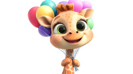 Cute Adorable Giraffe with Colorful Balloons in Watercolor Style