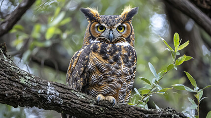 Obraz premium Majestic great horned owl perched on a tree branch in a forest