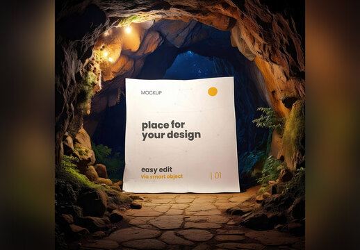 Page Poster Mockup Inside a Magical Natural Round Cave