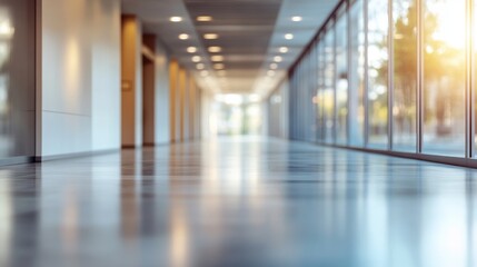 Fototapeta premium Bright, modern office hallway with glass walls. Ideal for concepts of business, success, and modern architecture.