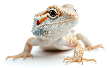 Obraz premium Close-up of a young, light-colored bearded dragon lizard on a white background.