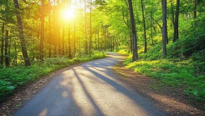 Obraz premium A scenic winding road through a lush forest illuminated by the warm glow of the setting sun in a tranquil outdoor setting.