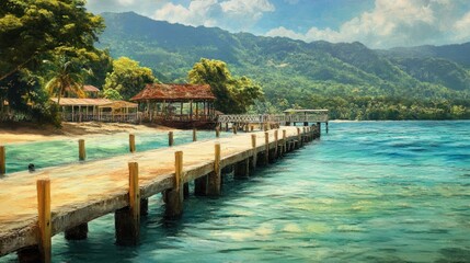 Serene Tropical Paradise: Wooden Pier Extending to Turquoise Waters