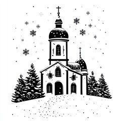 Fototapeta premium Snowy church winter scene, black and white illustration.