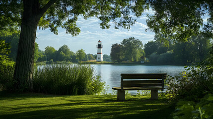 Serene Lake View with Lighthouse and Bench
