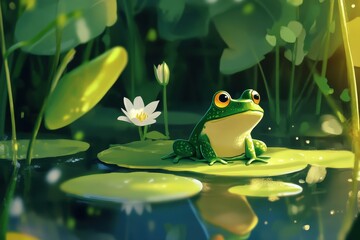 A Bright Green Frog on a Lily Pad with a White Flower in a Sunlit Pond