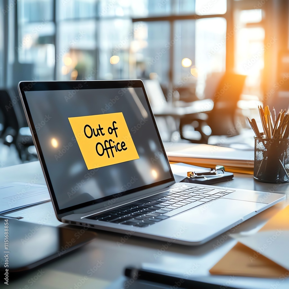 Poster modern office setting with a laptop displaying a sticky note reading 'out of office'. sunlight strea