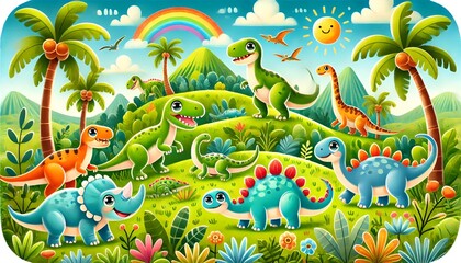 Obraz premium Playful Dinosaur Landscape