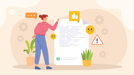 An illustration of user feedback and complaint management, showing a customer submitting feedback through a form or chat, with a support team reviewing and addressing the concerns, featuring a clear.