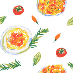 Italian food wax crayons seamless pattern on white insulated background. Textural and kitchen repeating pattern. Design for textiles, wrapping paper and wallpaper.