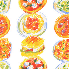 Italian food wax crayons seamless pattern on white insulated background. Textural and kitchen repeating pattern. Design for textiles, wrapping paper and wallpaper.
