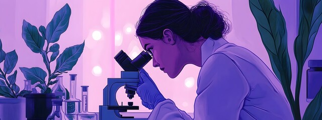 A scientist is looking through a microscope in a laboratory. This flat vector illustration has a white background, a simple design