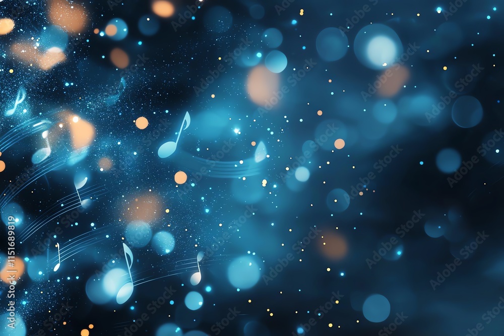 Poster a mesmerizing abstract background with glowing music notes and bokeh lights, perfect for creative an