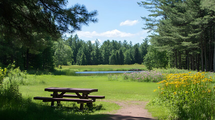 Obraz premium Serene Summer Picnic: Lakeside Forest Retreat