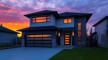 Elegant Modern House with a Garage and Stunning Sunset Glow