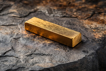Gold bar on dark rock surface