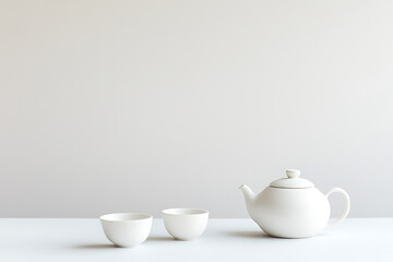 Fototapeta premium White teapot and two cups