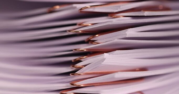 blank sheets of paper connected by copper staples, a close-up of a piece of new cellulose paper divided by paper clips into parts