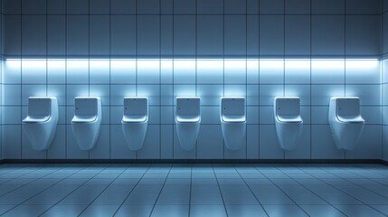 Row of sleek, modern urinals in a tiled restroom. Perfect for clean, minimalist bathroom designs or hygiene concepts.