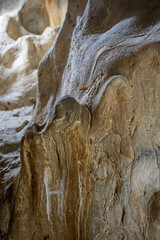 Interior of the large hall of old Karain cave, hidden in Mediterranean region. Confirms human habitation since the early Paleolithic age between 150,000 and 200,000 years ago.Yagca, Antalya, Turkey.