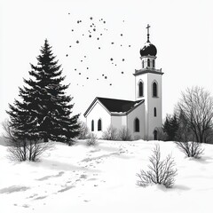 Snowy landscape with church, trees, and footprints.