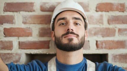 Fireplace and heat maintenance, A confident construction worker poses in front of a brick wall, wearing a hard hat and a blue shirt, showcasing professionalism and skill.