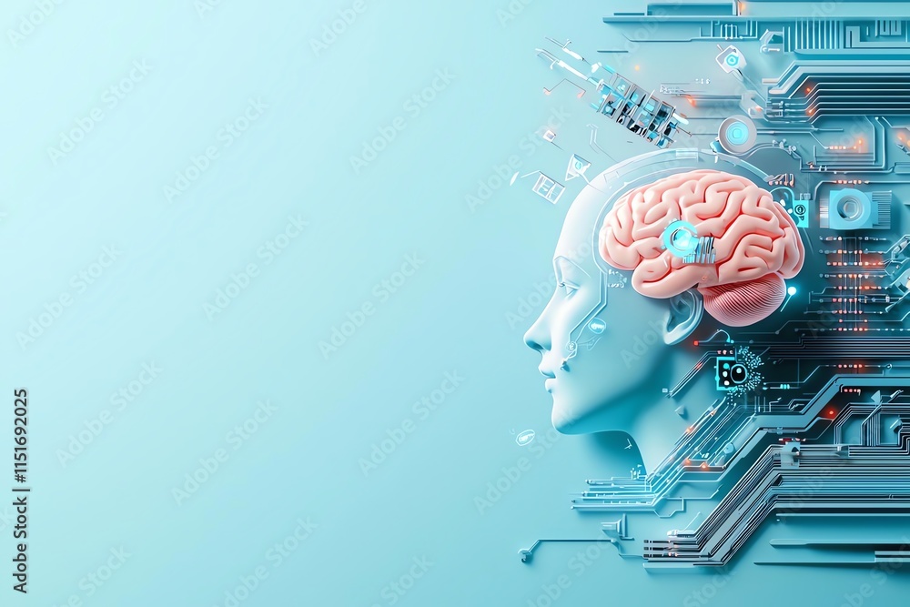 Aufkleber futuristic illustration featuring a human head with an exposed brain connected to circuits, symboliz