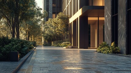 Fototapeta premium Serene Urban Oasis: Modern Architecture Meets Lush Greenery