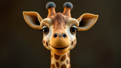 Happy giraffe plush toy with a warm smile set against a neutral backdrop.