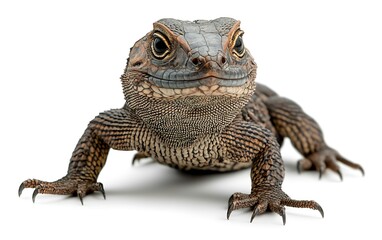Fototapeta premium Close-up of a Shingleback skink, facing forward, isolated on white background.