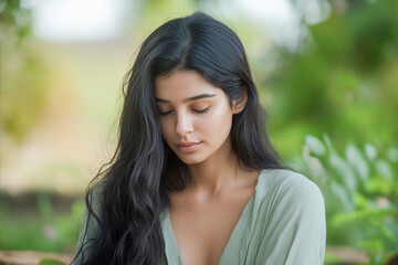 Naklejka premium Serene young woman with long dark hair and closed eyes in a peaceful outdoor natural environment.