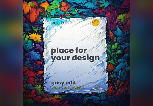 Sheet of Paper Cartoon Style Mockup with Colorful Dark Nature