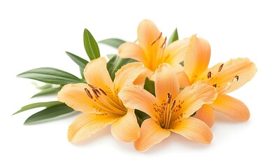 Obraz premium Three peach lilies with green leaves isolated on white background.
