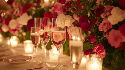 A beautifully arranged Valentine's Day table with candles, flowers, and champagne 