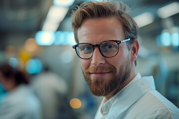 Obraz premium A confident man with glasses smiles in a professional environment, exuding warmth and approachability.